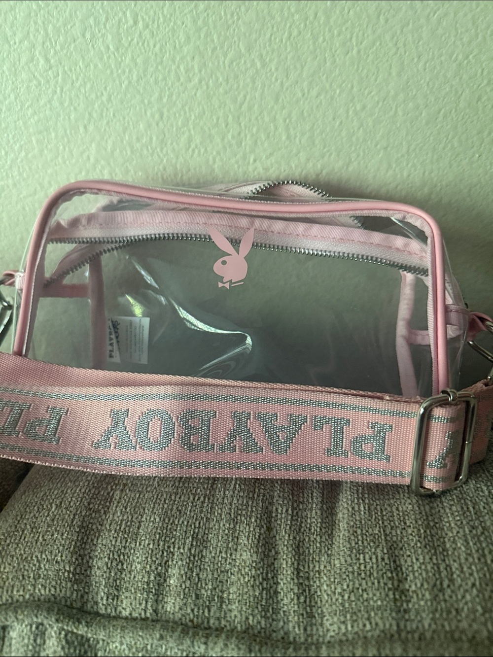 PLAYBOY Clear Crossbody Bag with Pink Trim and Branded Strap